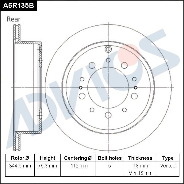 

ДИСК ТОРМОЗНОЙ ЗАД. ADVICS, A6R135B