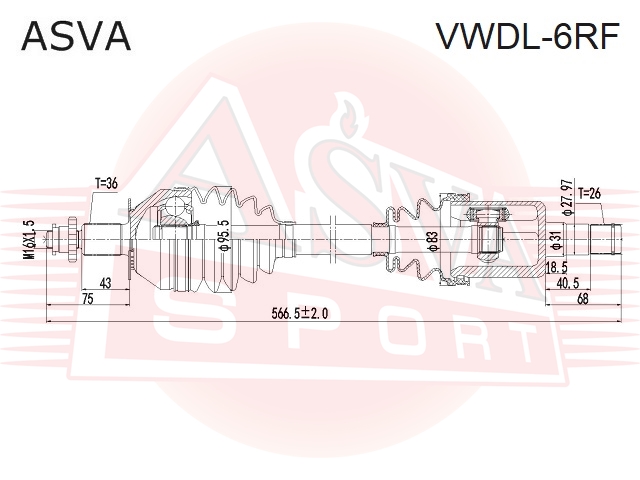 

ПРИВОД ПЕРЕДНИЙ ЛЕВЫЙ 26X570X36, VWDL6RF