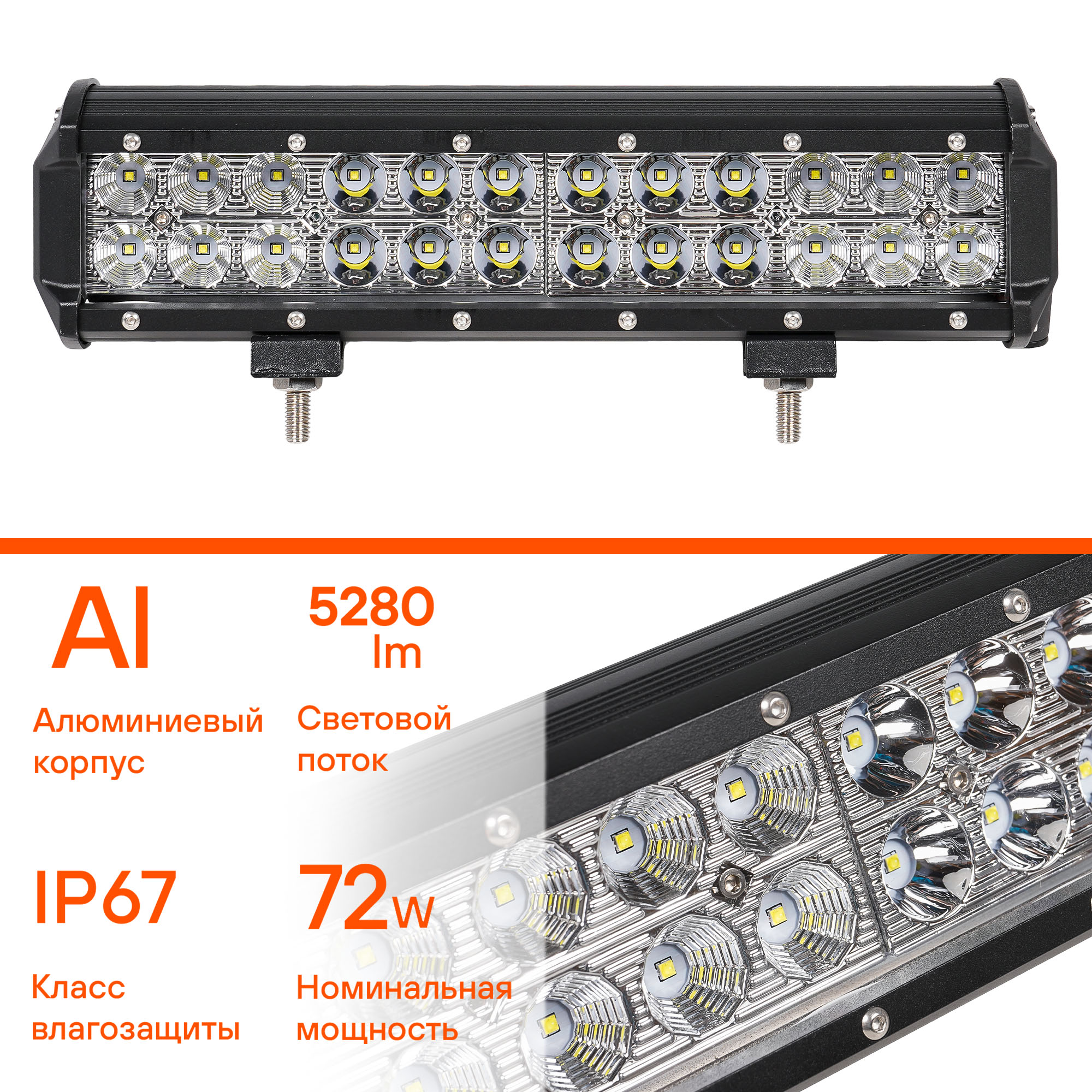 

ФАРА СВЕТОДИОДНАЯ (БАЛКА) ДВУХРЯДНАЯ, 24 LED КОМБИНИР. СВЕТ, 72W, (300Х78Х65) 12/24V (ALED050), ALED050