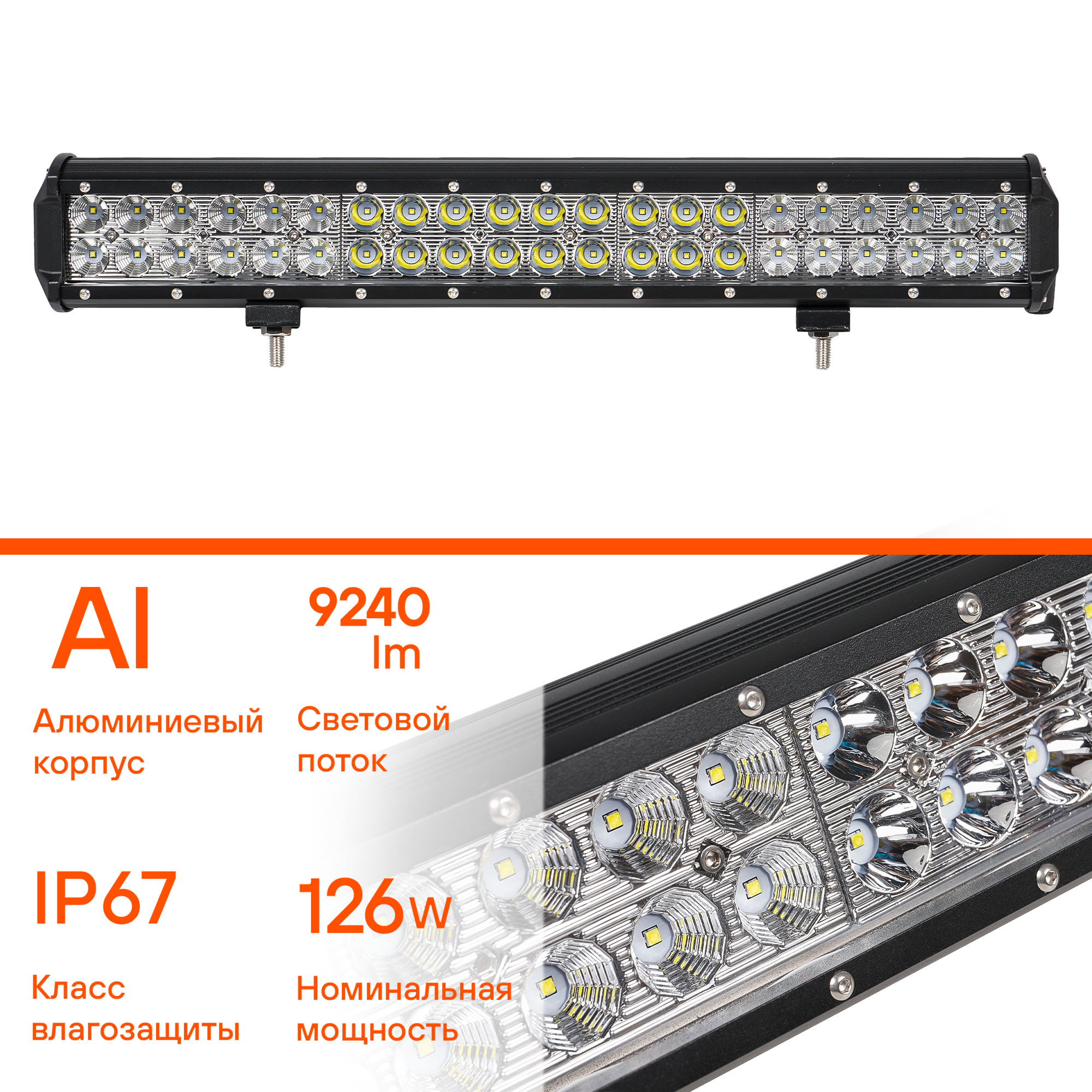 

ФАРА СВЕТОДИОДНАЯ (БАЛКА) ДВУХРЯДНАЯ, 42 LED КОМБИНИР. СВЕТ, 126W, (505Х78Х65) 12/24V (ALED051), ALED051