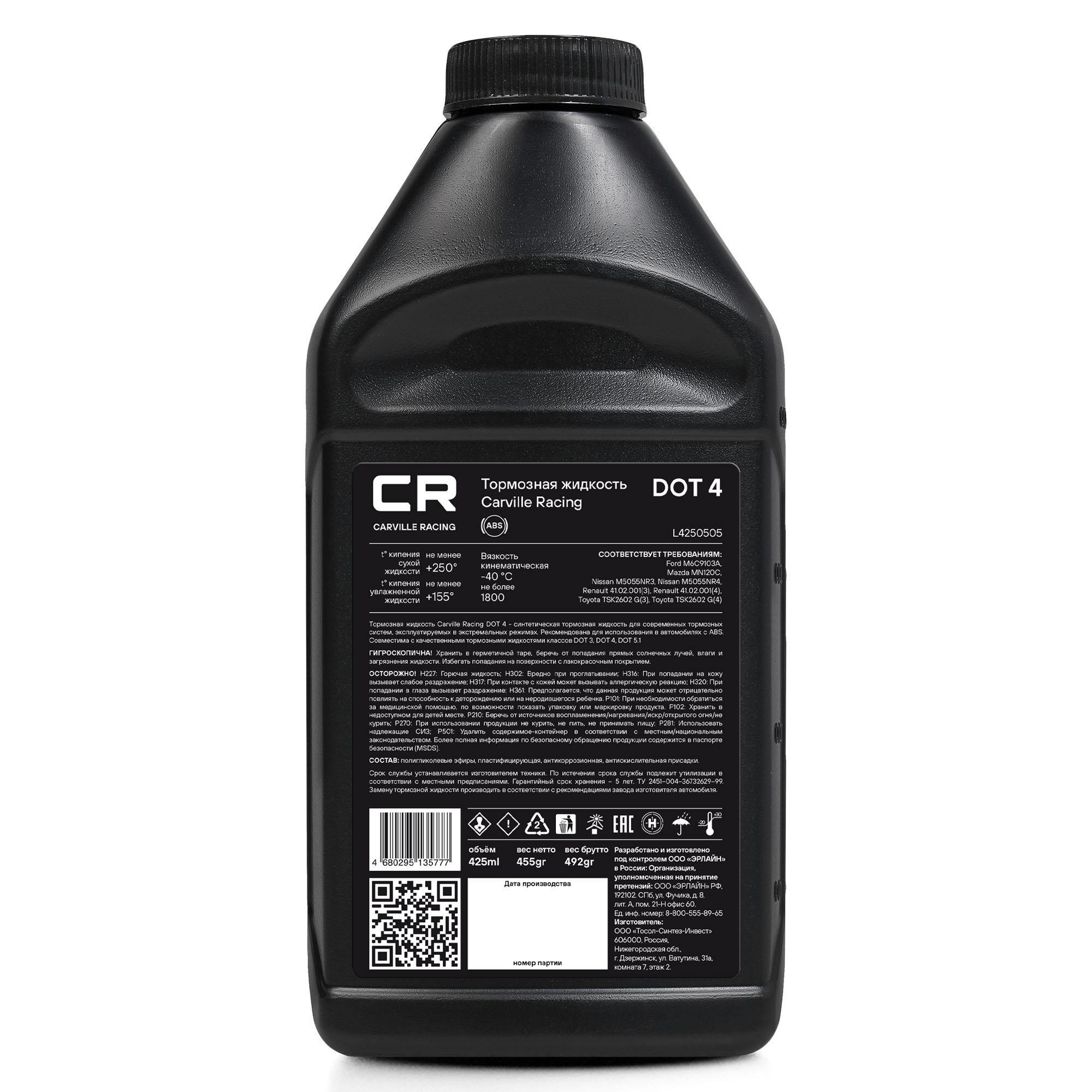 

ТОРМОЗНАЯ ЖИДКОСТЬ CR DOT 4, T>250C, ВЯЗКОСТЬ<1500, 425МЛ/455ГР (L4250505), L4250505